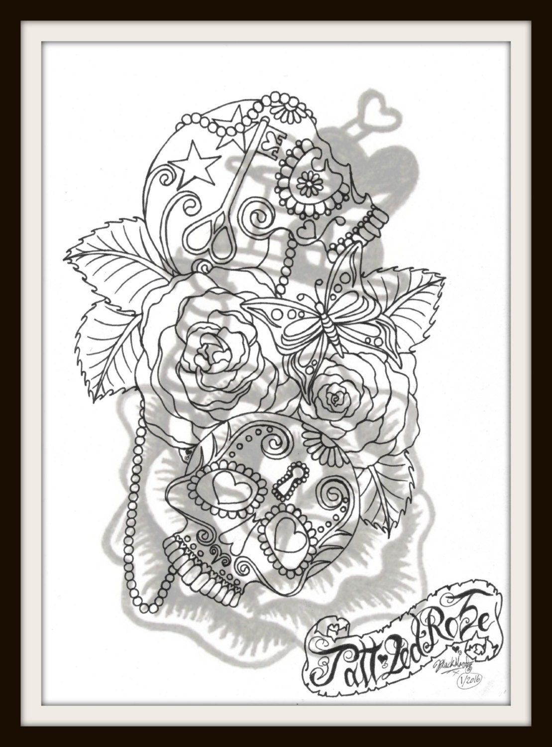 tattoo coloring page adult colouring page sugar skull key