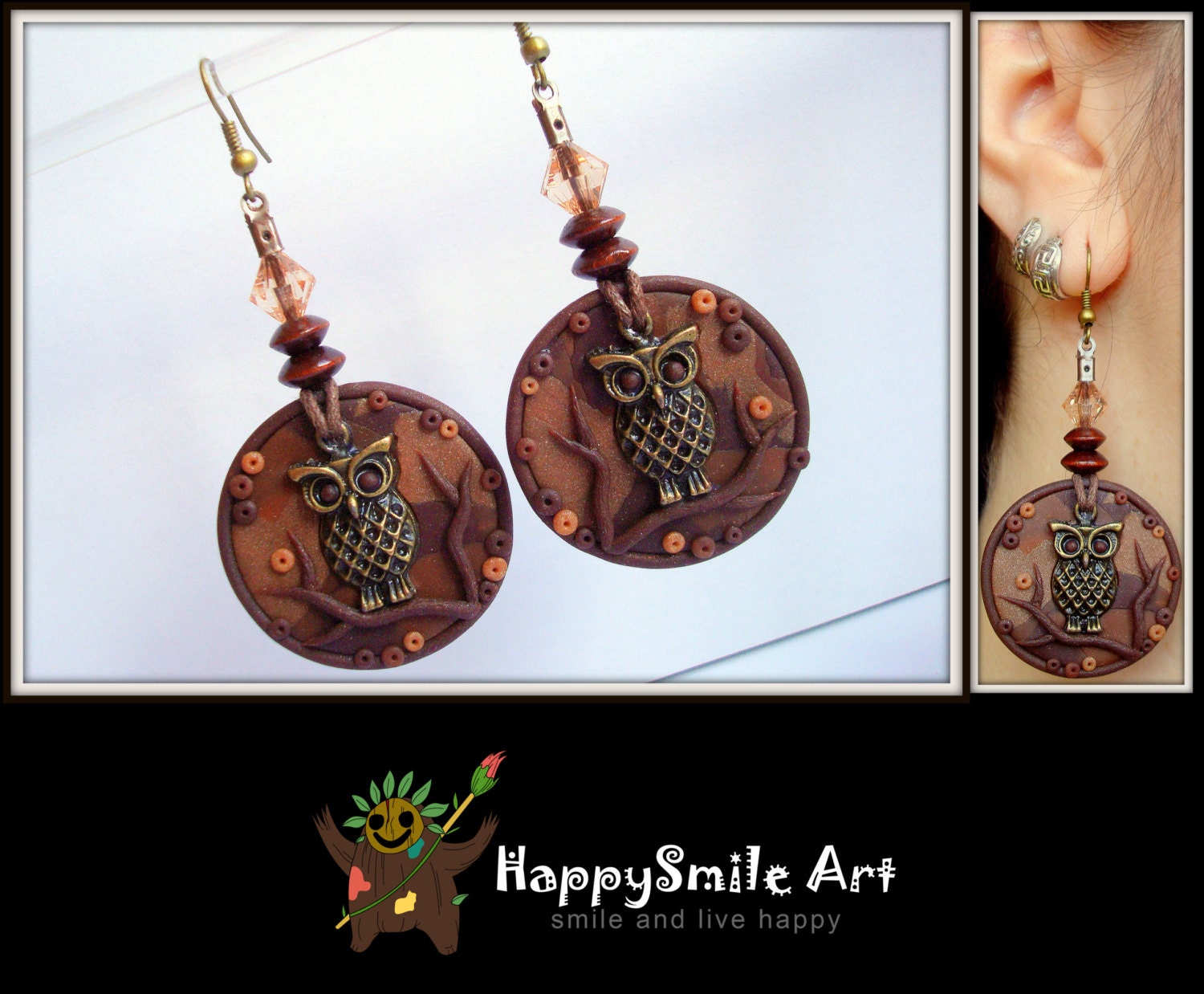 Valentines Day Gift Polymer Clay Earrings Brown Tree Owl