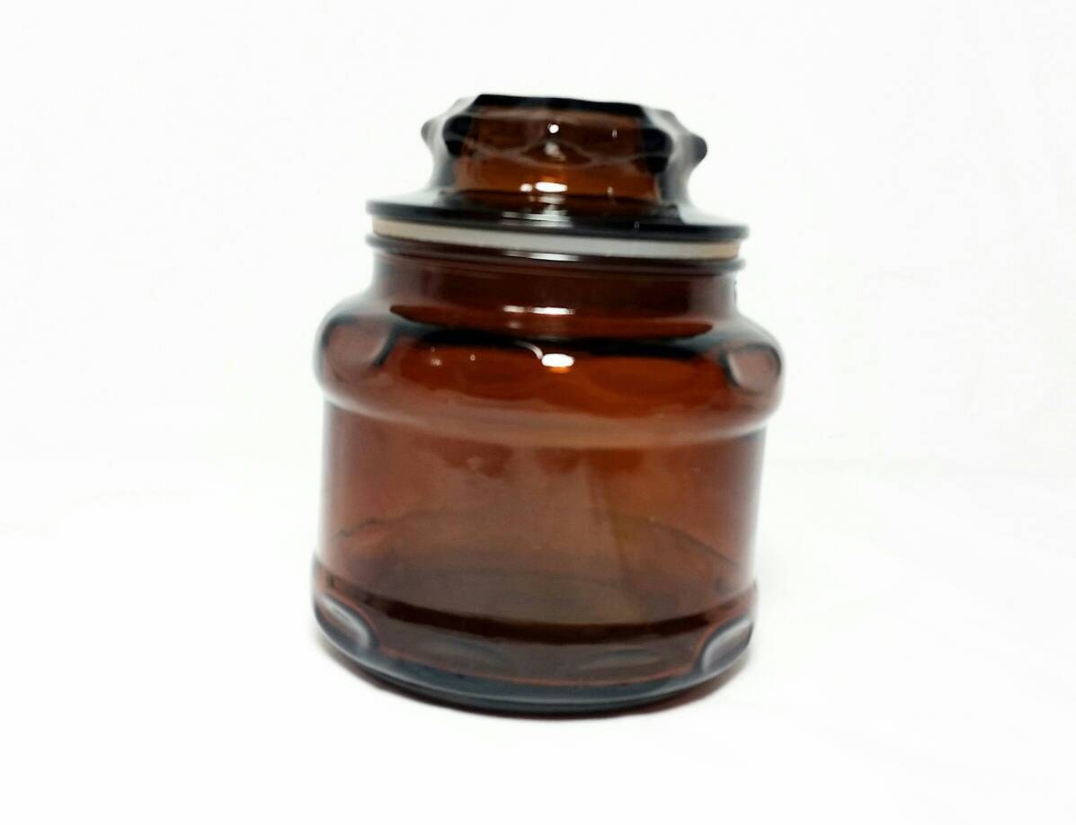 Vintage Amber Glass Apothecary Jar/Brown Glass Starburst Lid