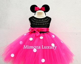 Minnie mouse dress, mickey mouse birthday dress, Flower girl dress, pink tutu dress miki mouse princess dress pink crochet top tulle dress