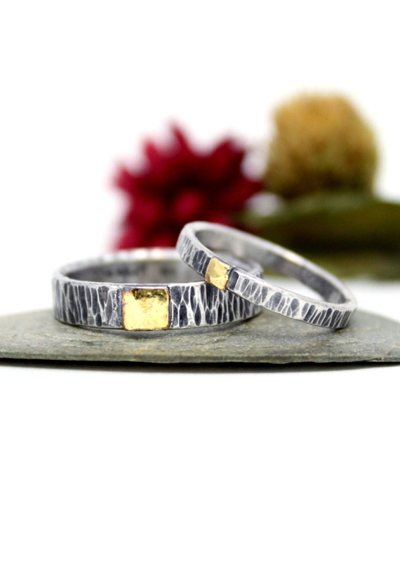 Golden Square Tree Bark Sterling Silver 24K Keum-boo Ring