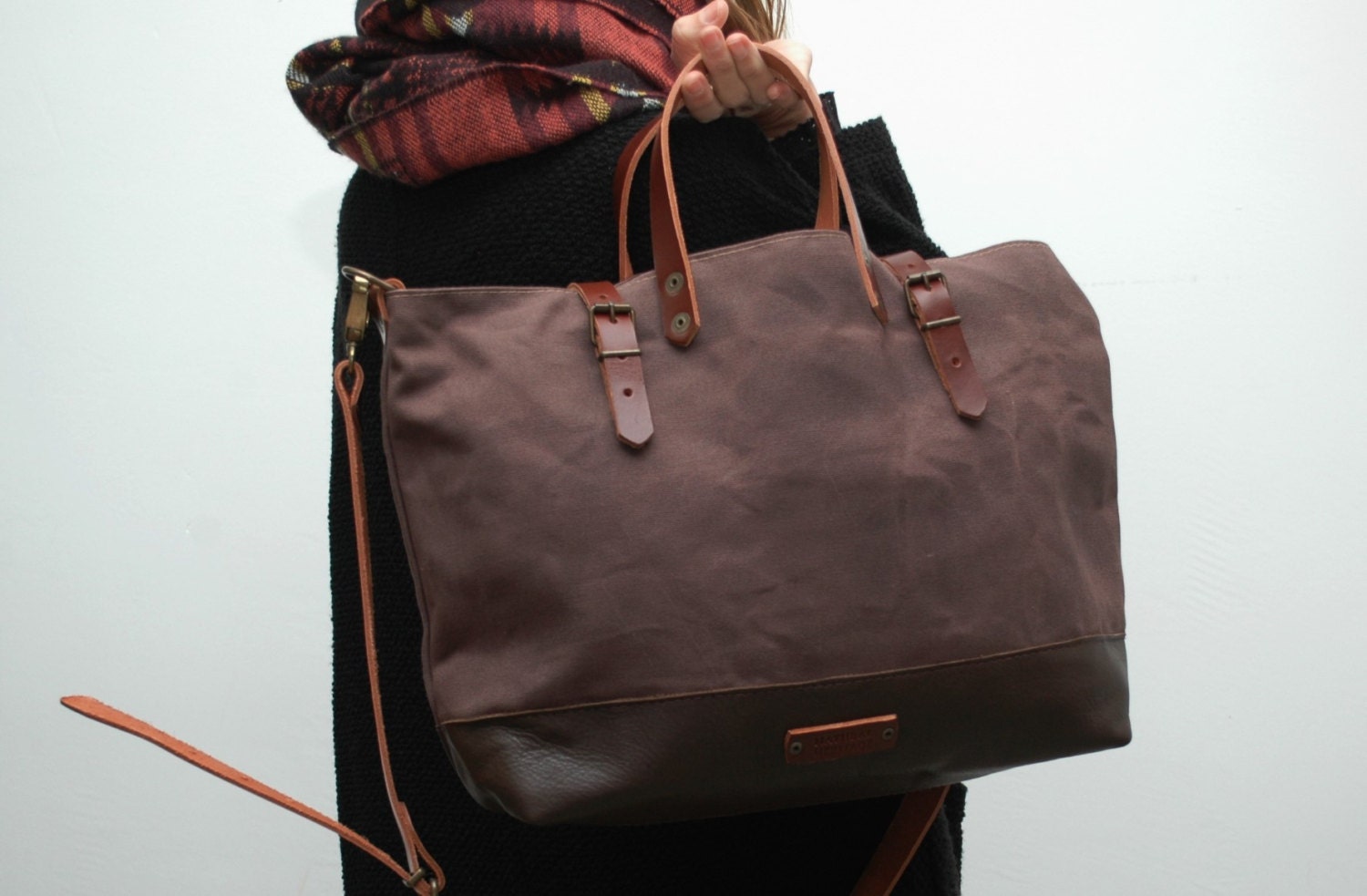 waxed canvas bag/tote bag/ with leather handles and