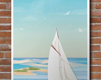 Illustrated poster sailboat on the banc D'arguin / boat
