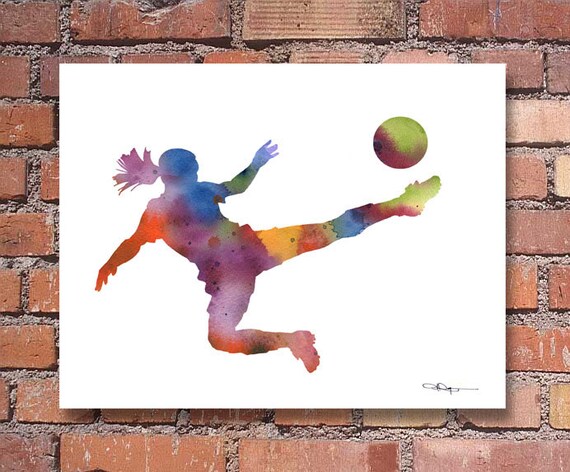 Girls Soccer Art Print Abstract Watercolor Painting Wall