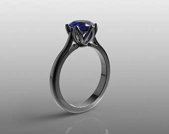 14k black gold engagement ring, 7mm round Blue Sapphire ring, wedding ring, promise ring, anniversary ring, special orders, R-104