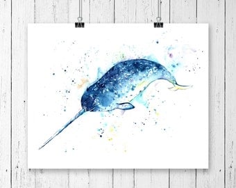 NARWHAL PRINT, narwhal art, narwhal watercolour, nursery decor, Unicorn of the sea, ocean art, ocean theme, ocean decor