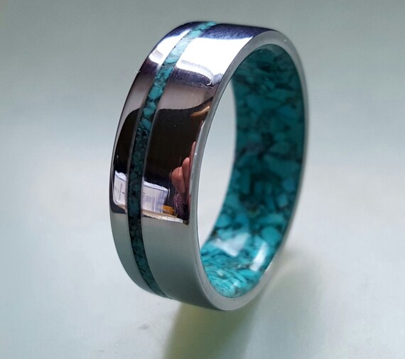 Stainless Steel Ring with Crushed Turquoise Inlays by ringordering