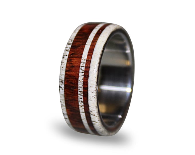 Titanium Ring With Cocobolo Wood and Deer Antler Inlay, Wood Ring, Antler Ring, Titanium Wedding Band, Mens Band