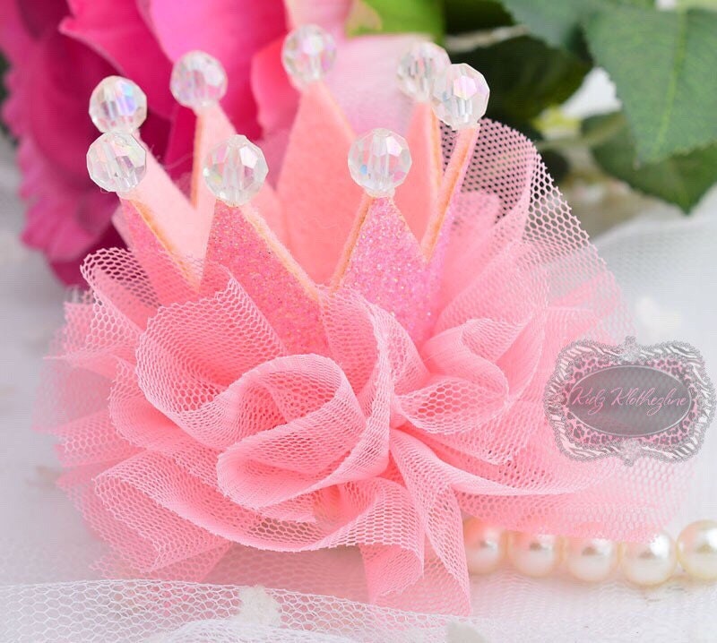 Pink Glitter Crown Tiara Tulle Clip Birthday Crown 1st