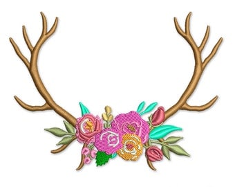 Deer Antlers and Flowers Embroidery Design, Rustic Design Machine Embroidery PES File Instant Download