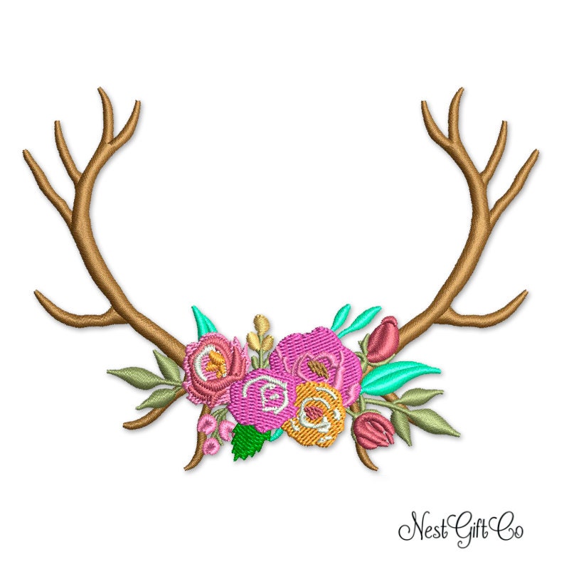 Deer antlers and flowers embroidery design rustic design Deer antlers and flowers embroidery design rustic design