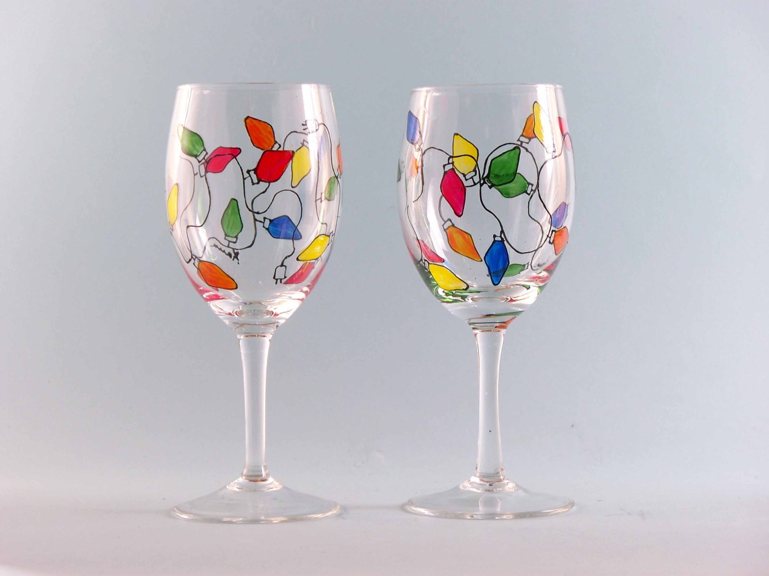 Christmas Lights Wine Glasses Hand Painted by KarensGlassDesign