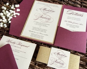 Burgundy Wedding Invitation, Burgundy and Gold Glitter Pocket Wedding Invitation, Marsala Invitation, Wine Invitation