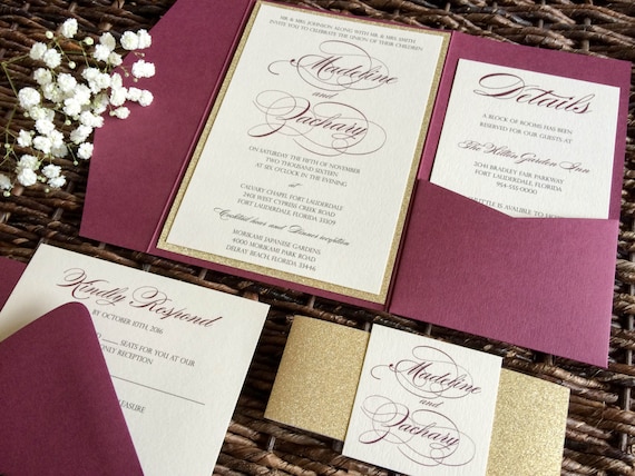 Burgundy and Gold Glitter Wedding Invitation