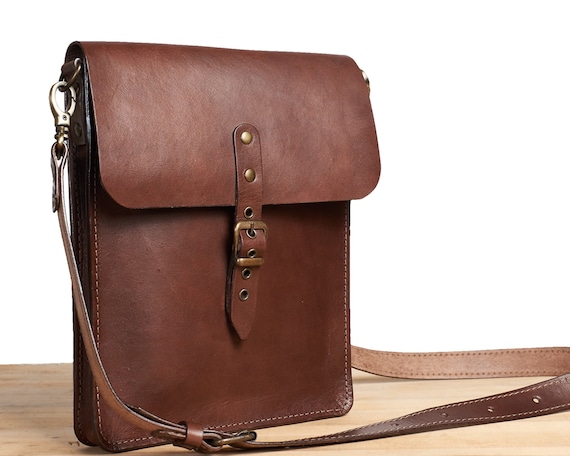 Small leather crossbody bag. Brown leather saddle bag. Mens