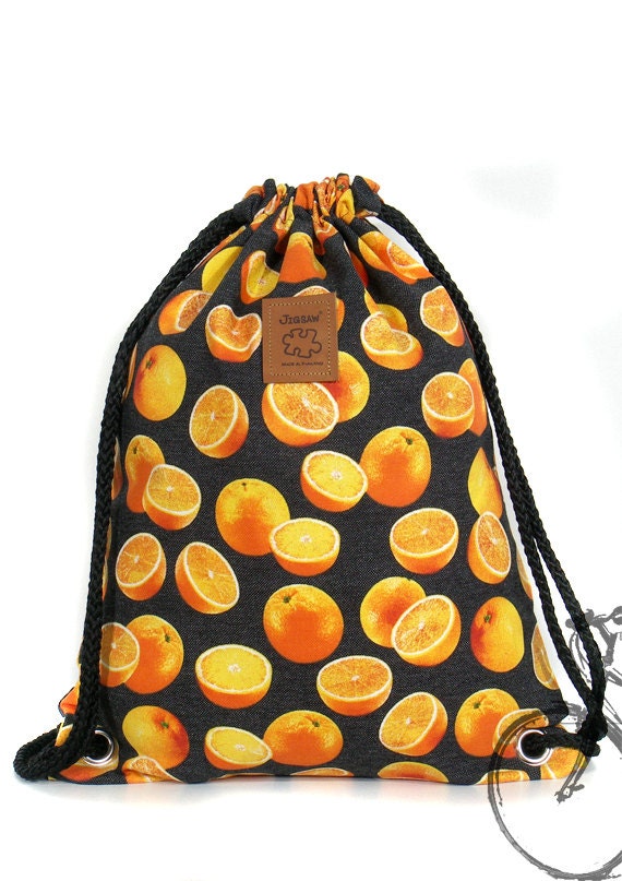 Orange print drawstring bag Canvas Cotton Backpack Hip bag