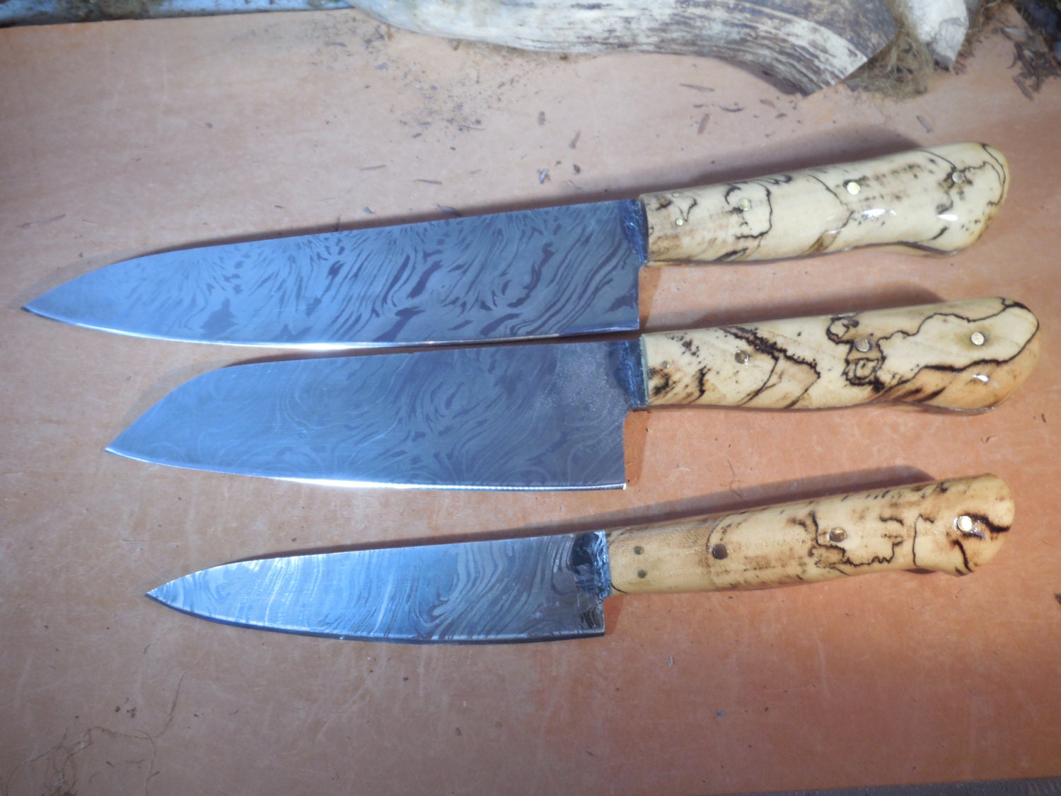 Custom Damascus Chef Knife Set With Spalted by EricsCustomKnives