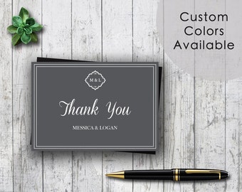Printable Wedding Thank You Card PDF - Elegant Traditional Gray and White Monogram and Frame (Or Your Choice in Colors)(3.5 X 5 Folded)