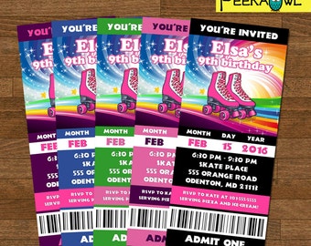 Printable Girls Roller Skating Invitation ticket - Rainbow Roller Skating Birthday Invitation- Free Rainbow Roller Skate thank you card!!!