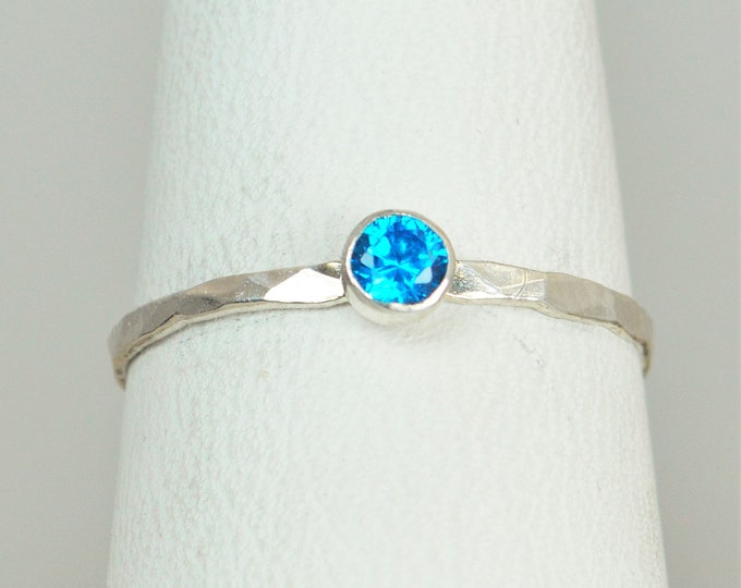 Dainty Blue Zircon Ring, Silver Blue Zircon Ring, Stackable Ring, Mothers Ring, December Birthstone, December Ring, Skinny Ring, Thin Ring