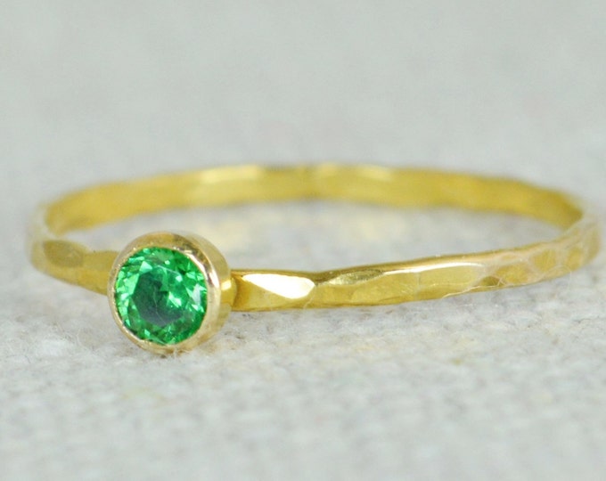Emerald Ring, Dainty Gold Filled, Hammered Gold, Stacking Rings, Mothers Ring, May Birthstone, Emerald Ring, Rustic Emerald Ring