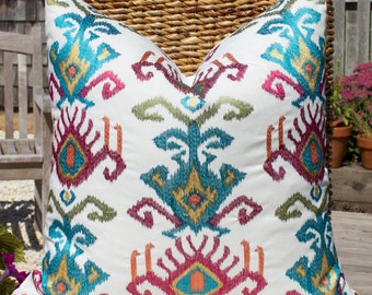 Embroidery Linen Blend Pillow Cover in Multicolor. Ikat Embroidery Pillow Cover in Multi. Lumbar Linen Blend Pillow Cover.