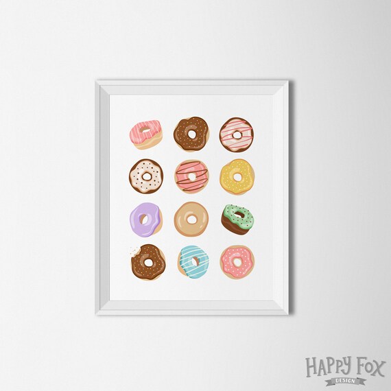 Donut printable, donut wall art, sweets print, food art print, doughnut print, kitchen decor, doughnut illustration, doughnut wall art