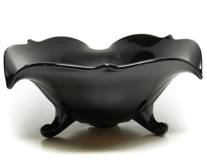 Storewide 25% Off SALE Vintage Rich Black Heavy Glass Footed Centerpiece Bowl Featuring Drop Edge Ruffled Design