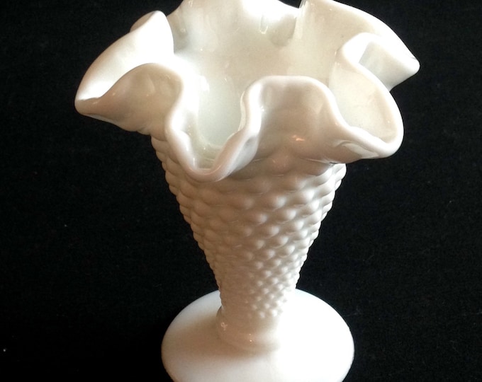 Storewide 25% Off SALE Original Vintage Fenton Hobnail White Milk Glass Petite Fluted Flower Vase Featuring Ruffled Design With Classical St