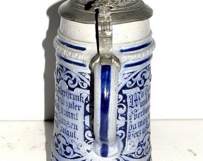 Storewide 25% Off SALE Vintage Octoberfest Celebratory Style Authentic German Beer Stein Featuring Cobalt Blue Design With Pewter Lid