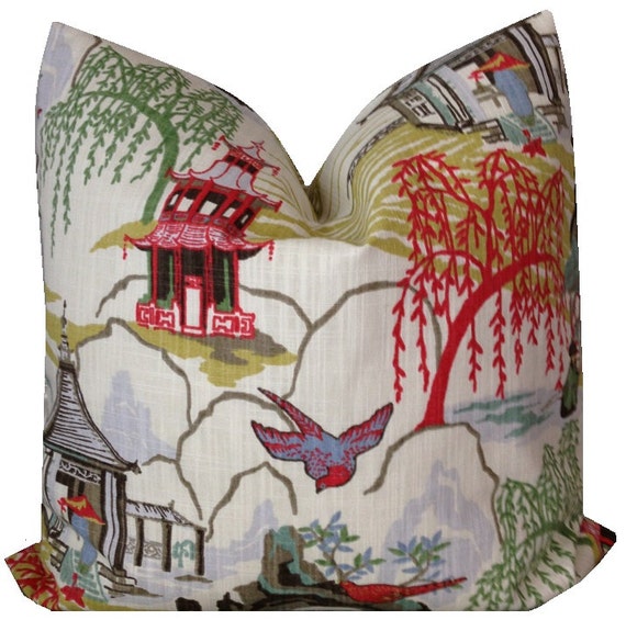 Robert Allen Neo Toile  Floral Pillow Cover Bird  Pillow Asian Pillow Pagoda Pillow Throw Pillow ONE COVER