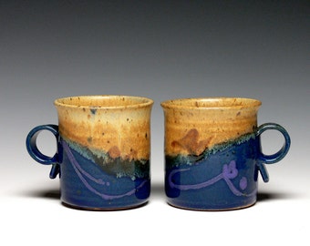 Pair of Stoneware Pottery Mugs, Hand Thrown Mugs. Coffee Mugs, Ceramic Mugs