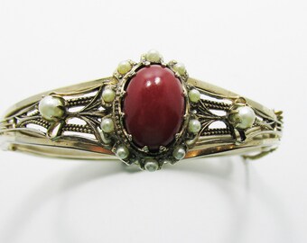 Vintage - Carnelian Bangle Bracelet - Pearls - Flawless - 1940s - Edwardian Look