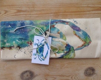designer contemporary Blue crab fish tea towel , 100%cotton made in uk , by designer and artist nicola jane rowles