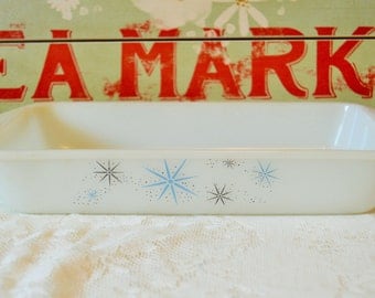 Vintage Glasbake Cookware 5x10 Rectangle Dish, featuring a atomic starburst