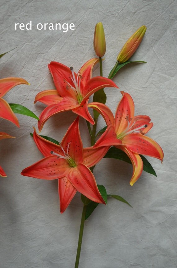 Red Orange Tiger Lilies Silk Bridal Bouquets Real Touch