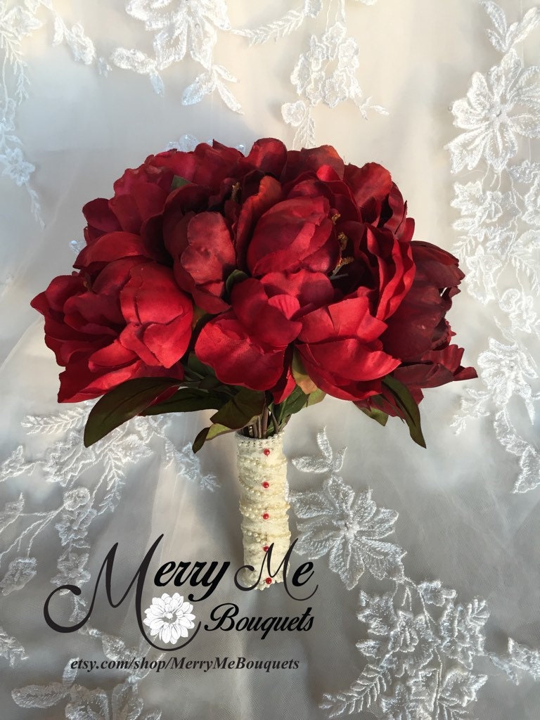 Red Peony Bouquet Silk Peony Bouquet Red by MerryMeBouquets