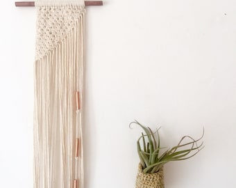 Mini macrame wall hanging, on a stained dark wood dowel. Geometric pattern, long wall hanging. Small wall hanging. Gift idea. Item #34