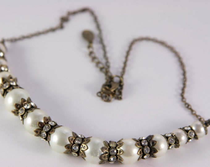 Pearl Diamante Choker Modern Necklace with Bronze Rhinestone Accent