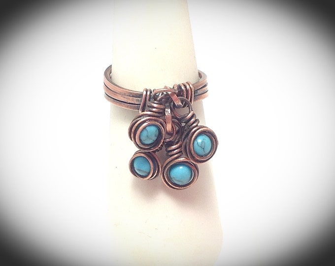 Triple band copper wire wrapped ring with turquoise dangles