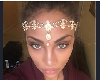 Gold Hair Jewelry Head Chain Head Piece Flower Pearl Bridal Birthday Holiday Boho Bohemian