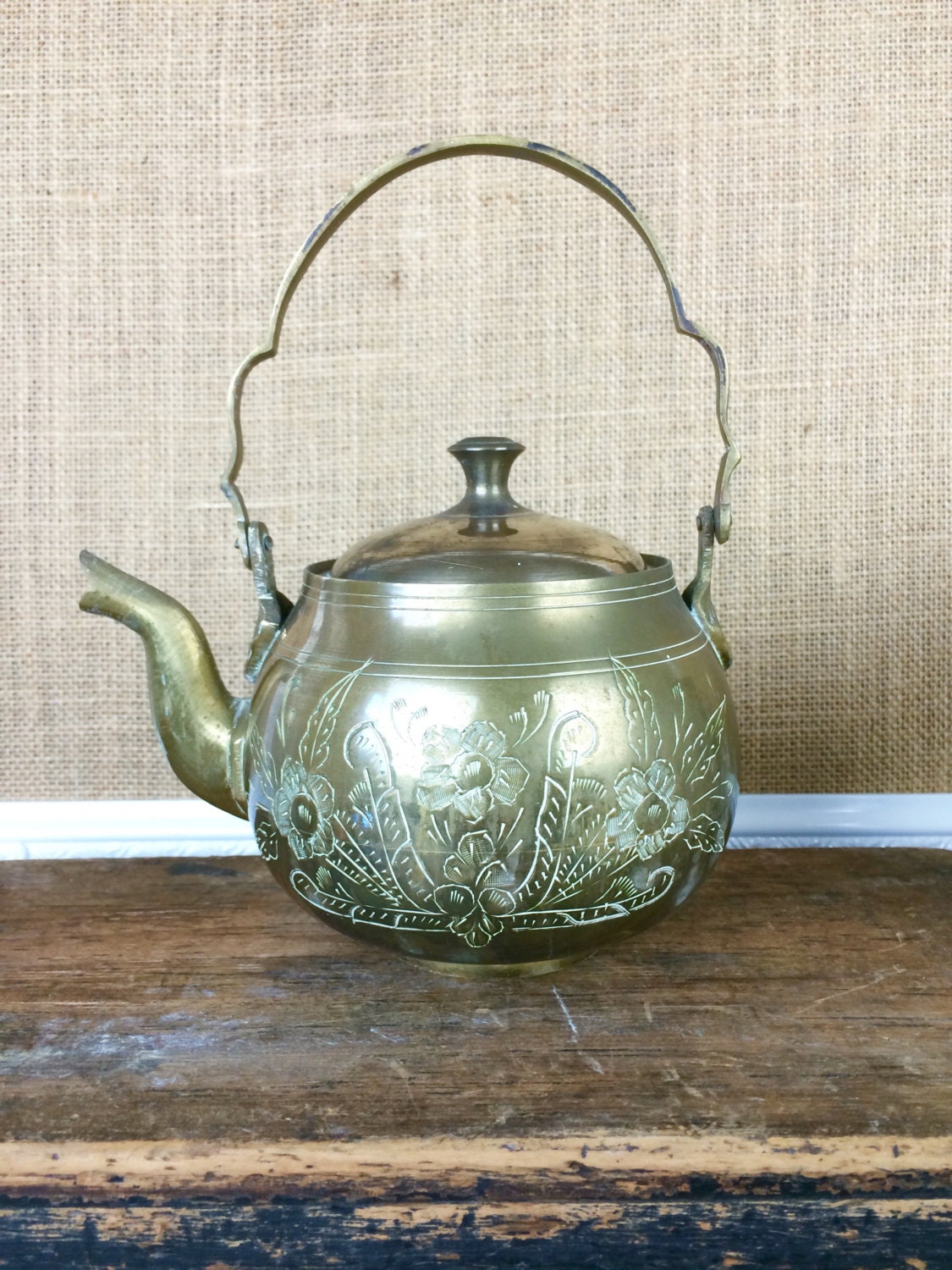 Decorative etched metal vintage tea pot