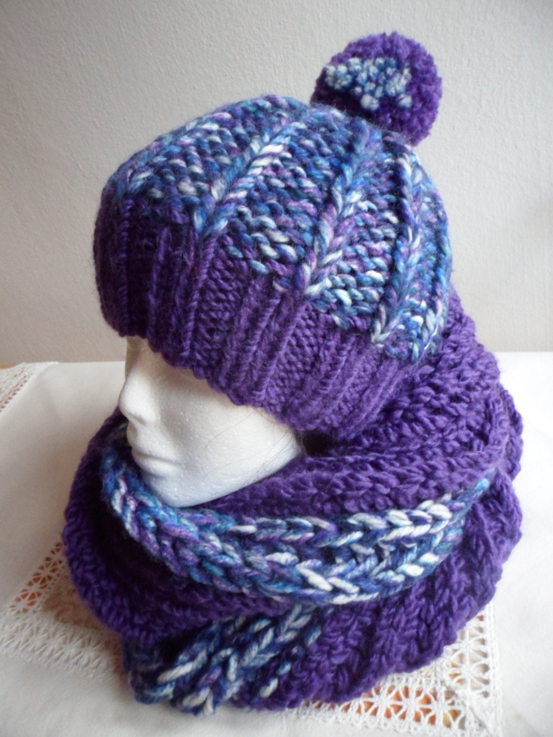 Women's/Girl's Hat and Scarf Set Chunky Purple Hat