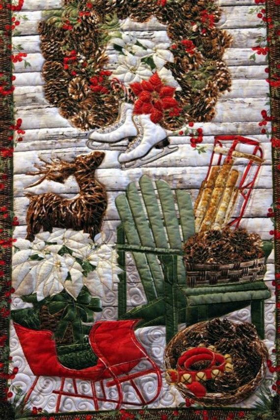 Holiday Wall Hanging, Winter Scene Quilted Banner, Handmade Quilted Door or Wall Banner with Hanging Pocket, Quilted Panel Wall Art, Rustic