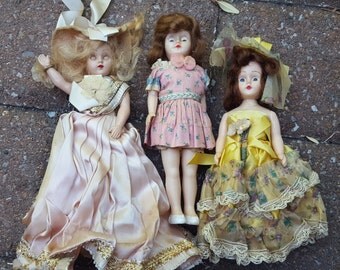Set of 3 Toy Plastic Dolls Victorian Dress Movable Eyes Vintage Antique