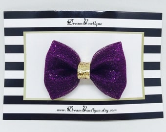 Purple Glitter Tulle Hair Bow, Gold Hair Bow, Purple Glitter Hair Bow, Gold Glitter Hair Bow, Purple Hair Bow, Gold Tulle Hair Bow