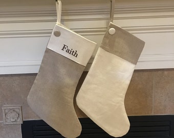 Linen Christmas Stocking - Personalized Linen Christmas Stocking- Neutral Christmas Stocking