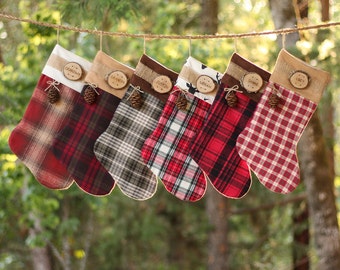 Rustic Christmas Stocking Personalized Wood Slice Name Tag Redwood Cone Rustic Woodland Christmas Plaid Flannel Christmas Stocking
