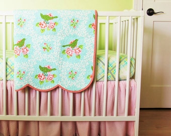Scalloped Edge Baby Crib Set, Floral Crib Bedding, Heirloom Quilt for Baby, Toddler, Baby Girl, Up parasol, Mockingbird