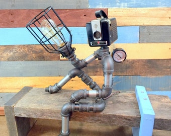 Robot Lamp, Pipe Lamp, Industrial Decor, Steampunk Lighting, Pipe Decor, Man Cave, Junk Style, clever RAVEN, Pipe Lighting, Industrial Lamp